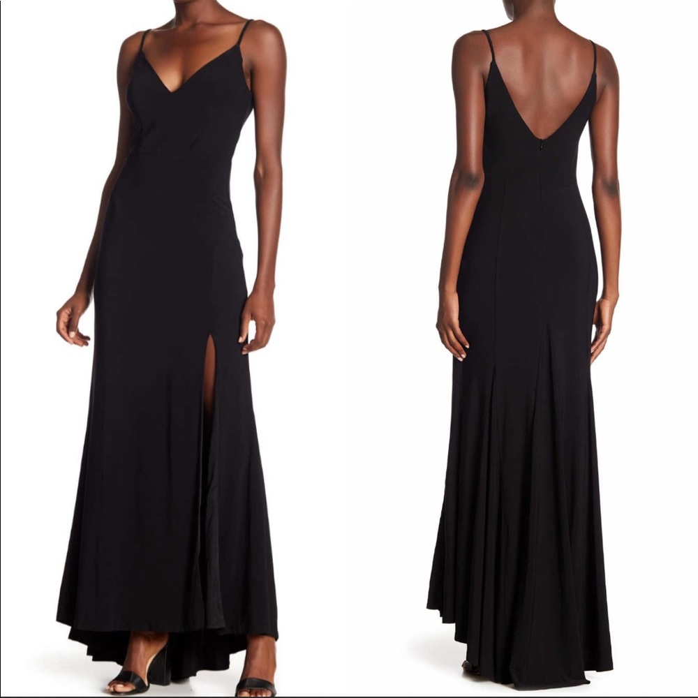 Plunge V-neck Jersey Gown with Slit and back train